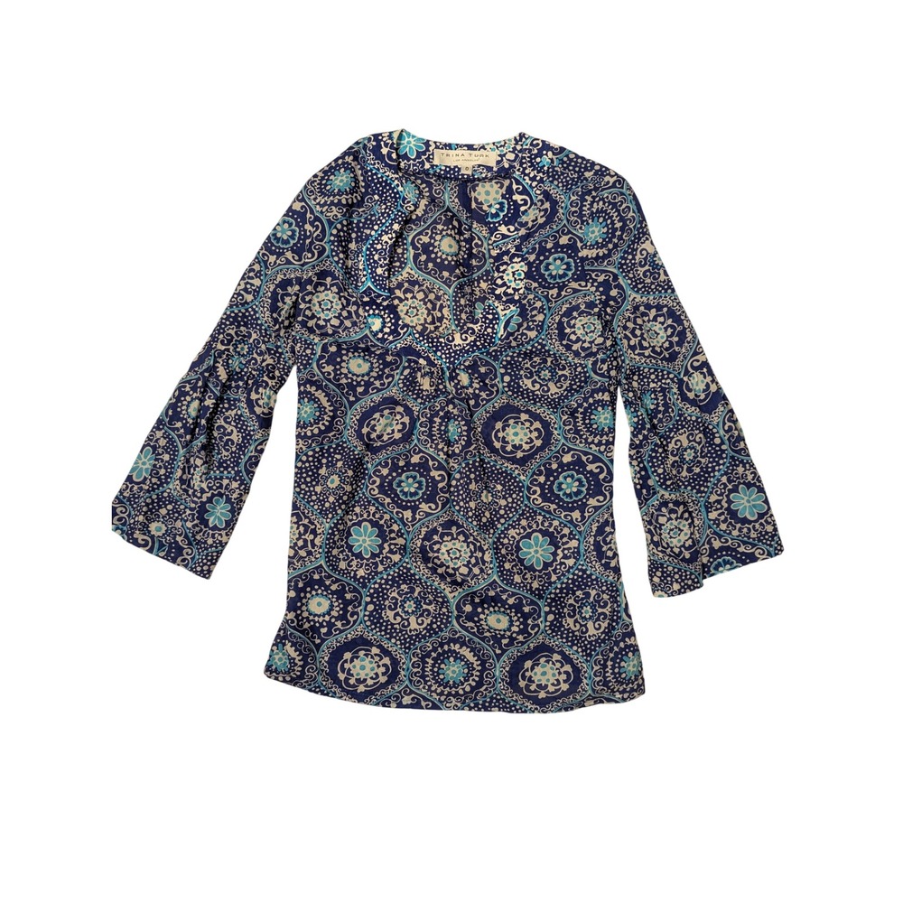 Trina Turk Blouse Size 0 Blue Paisley Floral Long Sleeve Top Boho Chic